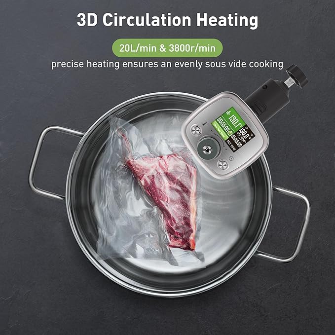 KitchenBoss Wifi Sous Vide Cooker: Ultra-quiet Sous Vide Machine Built-in Color Display Recipes Waterproof, 1100 Watts Immersion Circulator Precision Cooker APP Control, Red-Dot-Winner Product