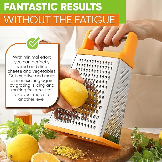 Spring Chef Handheld Stainless Steel XL Parmesan Cheese Grater with Handle - 4 Sided Manual Box Grater for Kitchen - Dishwasher Safe Cheese Shredder for Carrot, Potato, Vegetables, Hash Brown - Mango
