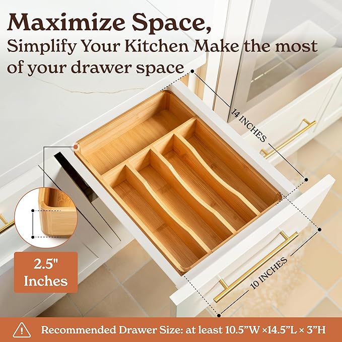 SMIRLY Silverware Drawer Organizer – Bamboo Kitchen Drawer Organizer, Adjustable Utensil Holder and Cutlery Tray, Drawer Dividers for Flatware and Kitchen Utensils