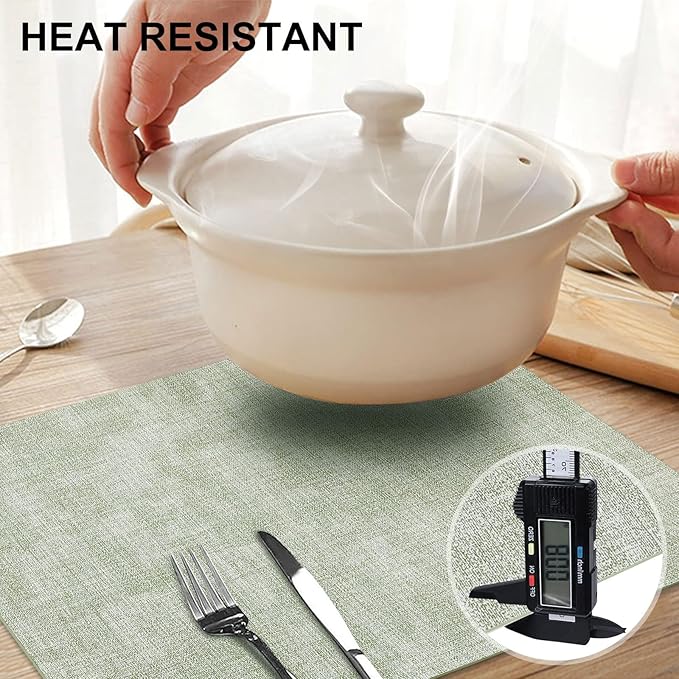 homing Faux Leather Heat Resistant Placemats 12 Packs, Waterproof Wipeable Dining PU Place Mats for Indoor & Outdoor, Easy to Clean, Light Green