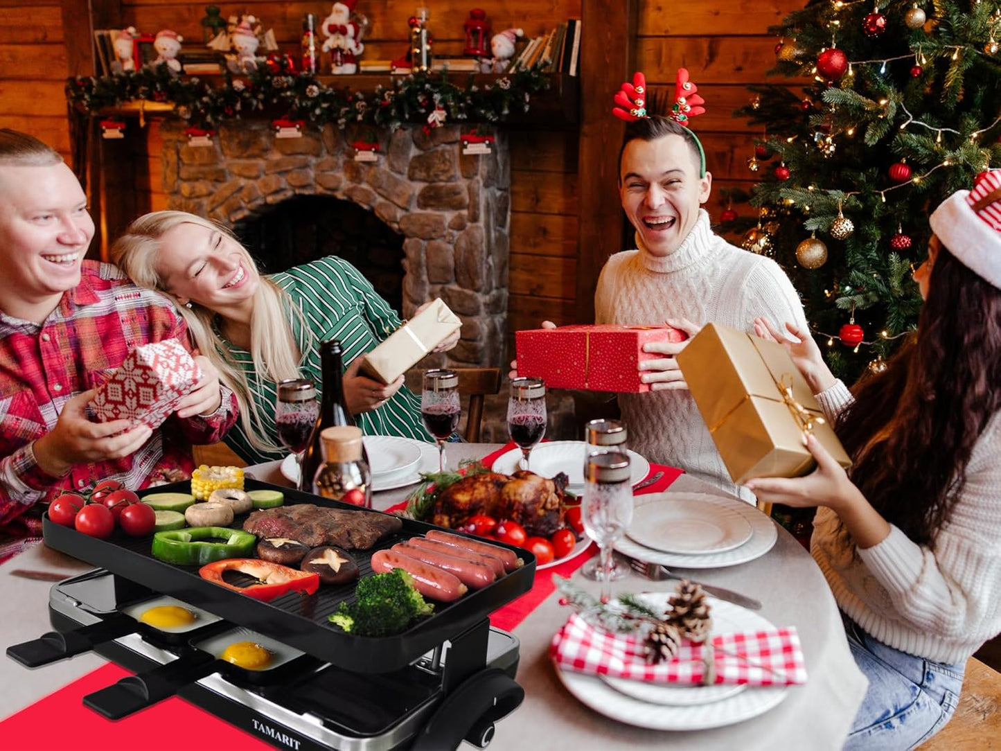 TAMARIT Raclette Table Grill Portable 3 in 1 Korean Barbecue BBQ Grill Electric Indoor Grill with Non-Stick Reversible Grilling Plate & Cooking Stone for Steak 1400W Raclette Grill for 8 Person, Black