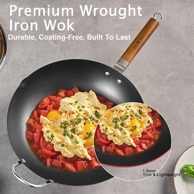 WANGYUANJI 14.2-Inch Pure Iron Wok with Lid, Flat-Bottom Uncoated Stir-Fry Pan for Induction/Gas/Electric, Traditional Chinese Wok with Tempered Glass Lid & Wood Handle