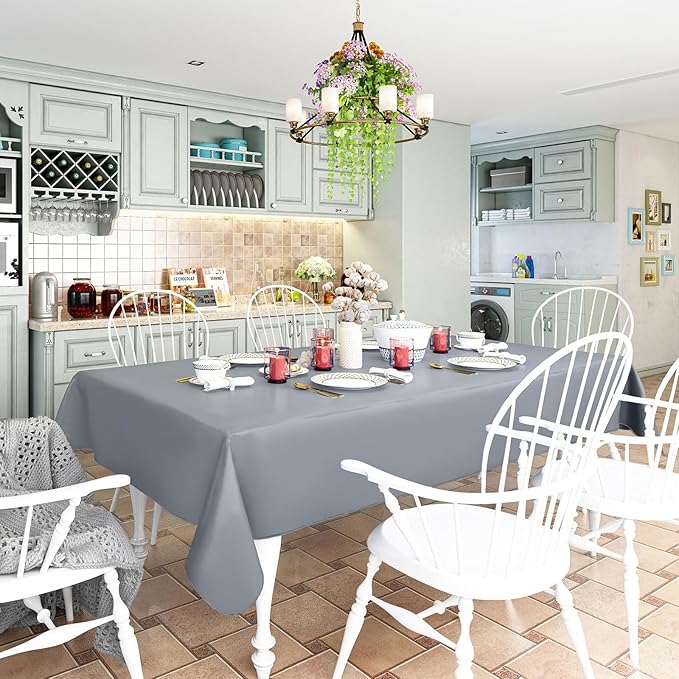 homing Rectangle Vinyl Tablecloth, Waterproof Spillproof Plastic Flannel Backed Table Cloth, Wipe Clean Table Cover for Dining, Buffet Parties and Camping (Grey, 52" x 70")