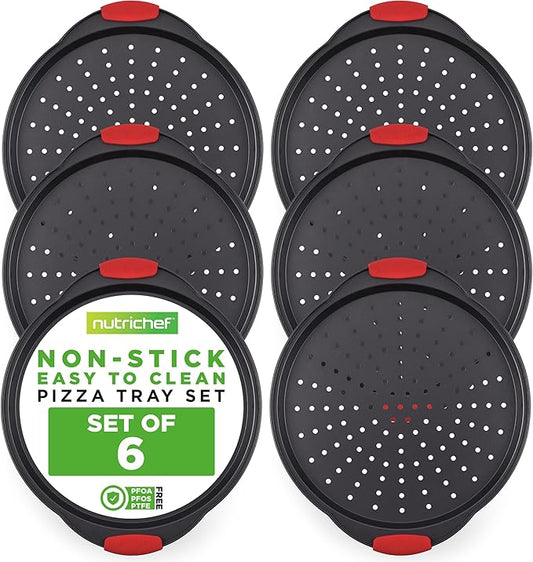 NutriChef Non-Stick Pizza Tray with Silicone Handles, 6-Pack Round Steel Non-Stick Pans with Perforated Holes, Premium Bakeware, Pizza Trays with Silicone and Oversized Handles, Dishwasher Safe
