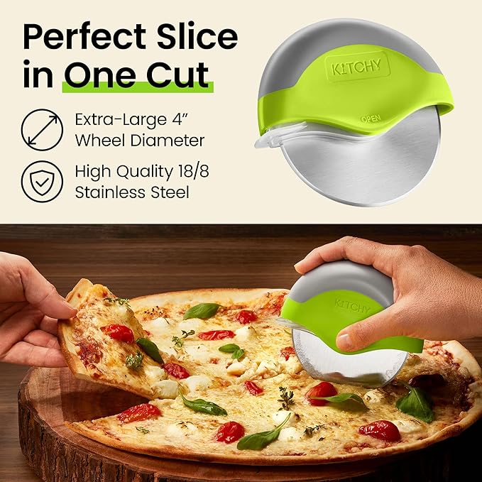 Kitchy Pizza Cutter Wheel with Protective Blade Cover, Ergonomic Pizza Slicer (Green)