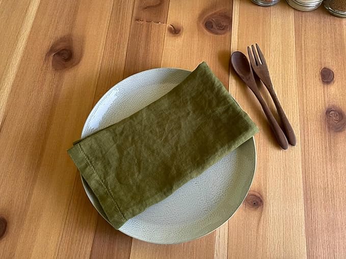 Hemstitched Linen Napkins – 20 Inch x 20 Inch – Stonewashed Pure Linen Cloth Dinner Napkins with Mitered Corners - 100% French Flax – Machine Washable - Set of 4 (Olive Green)