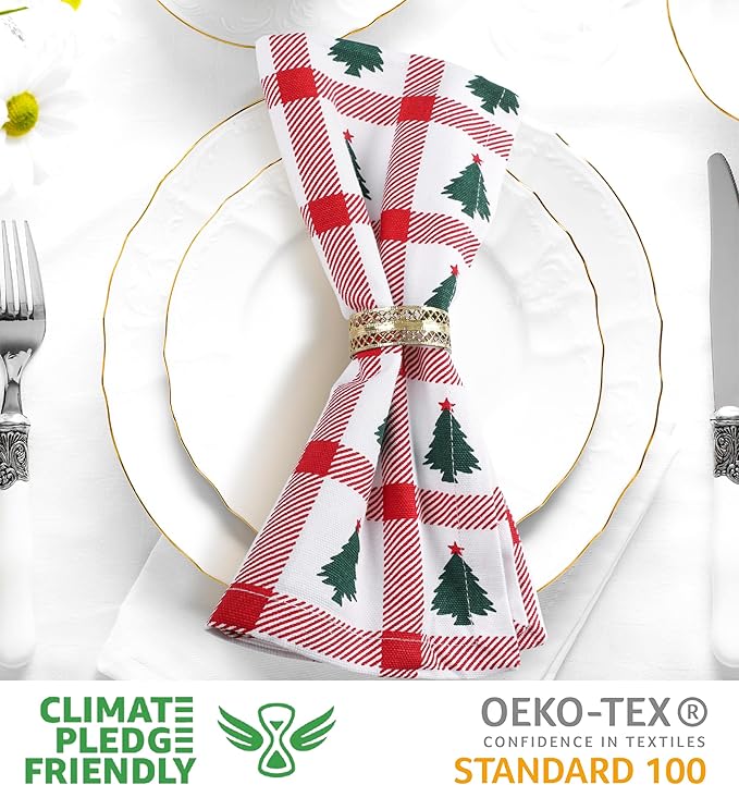 Urban Villa Christmas Cloth Napkins 100% Cotton Absorbent Dinner Napkins Tree Print (Set of 12) 20x20 Inches Soft Durable Washable Ideal for Everyday Use Wedding Parties Cloth Napkins
