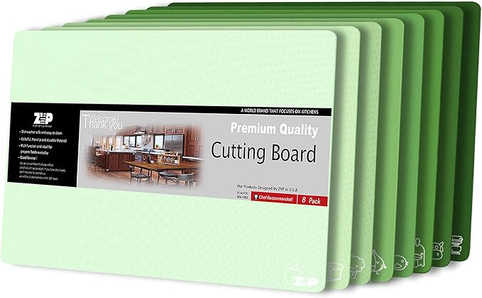 ZVP Plastic Cutting Boards for Kitchen, Flexible Cutting Mats, Gradient Green Chopping Boards with Food Icon, Non-Slip, Non Porous, BPA Free, Dishwasher Safe