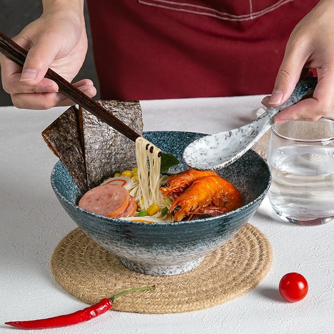 34 oz Ceramic Ramen Bowl Set of 2, Ramen Noodle Bowl with Spoons and Chopsticks 8 Inch (Stone)