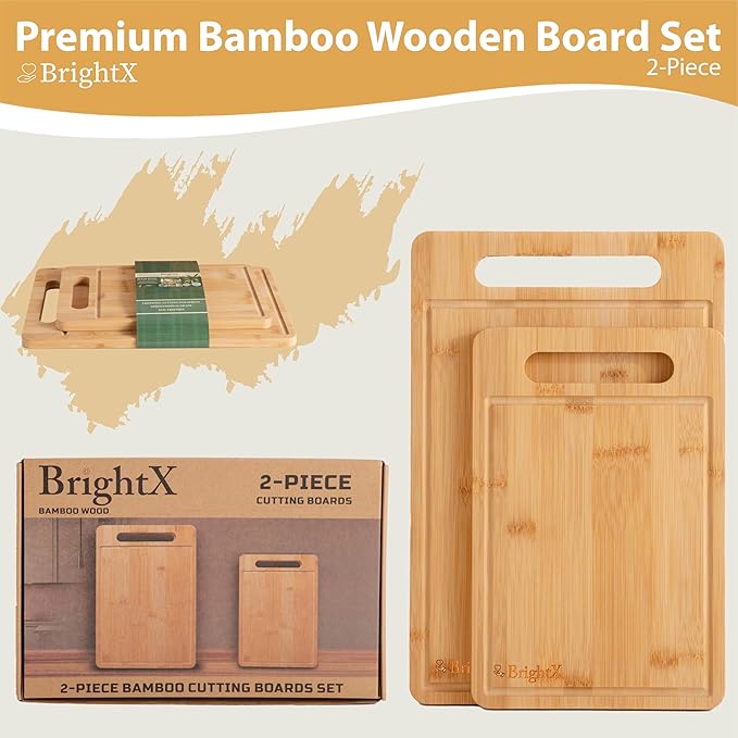 BRIGHTX Large and Small Cutting Boards for Kitchen - [15" x 10", 12"x8"] Chopping Boards for Kitchen, Large Wooden Cutting Board, Non Toxic Cutting Boards | Non-Toxic Bamboo Wood Cutting Board Set