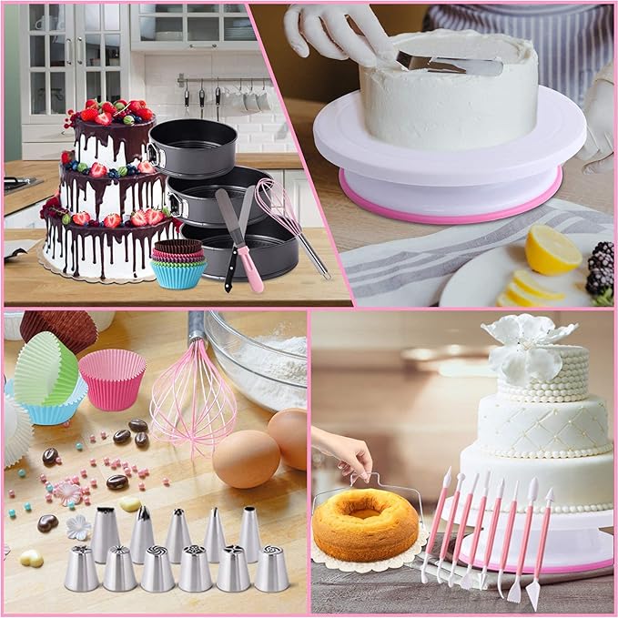 Cake Decorating Supplies Kit 464 Pcs with Non-Slip Cake Turntable and Springform Cake Pans，Icing Piping Tips Set，Chocolate Mould & Muffin Cups，Baking Supplies for Beginners and Cake Lovers
