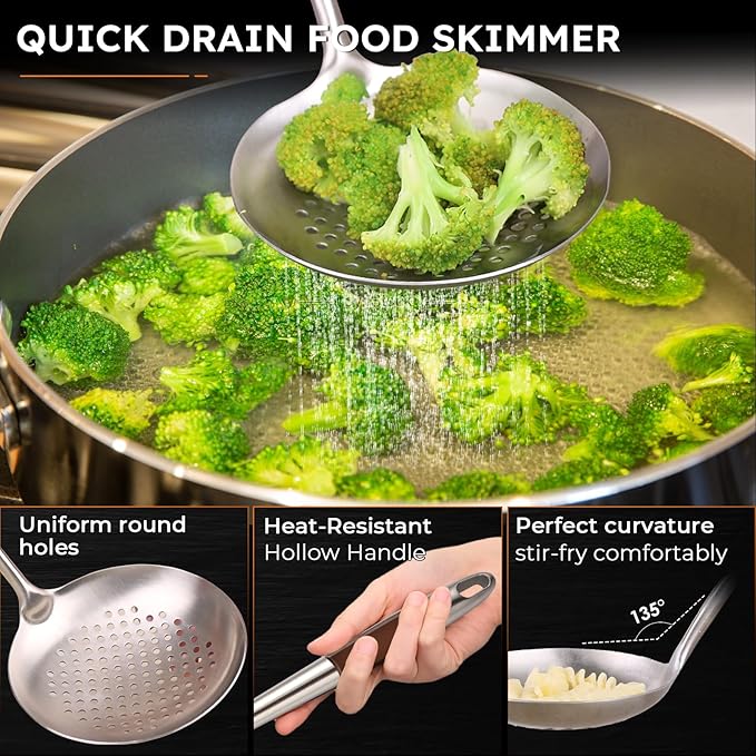MARTE 17'' Skimmer Slotted Spoon - 304 Stainless Steel Skimmer Ladle Spider Strainer Spoon for Cooking and Frying - Long Pasta Strainer Tools Frying Spoon Kitchen Cooking Utensils Colander Spoon