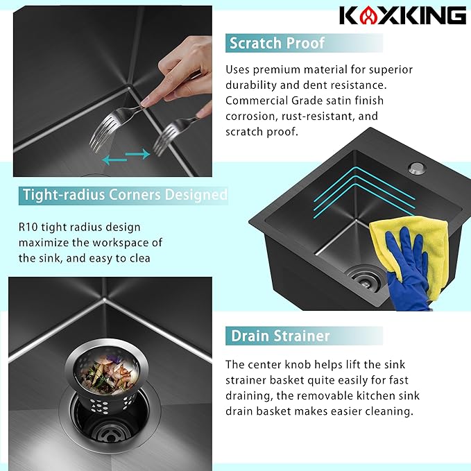 13 x 15 x 9 Inch Black Stainless Steel Bar Sink, Drop-in Topmount Deep Single Bowl Utility Prep Sink for RV, Wet Bar, Tiny Home, Laundry & Small Kitchen, 18 Gauge T304 with Basket Strainer