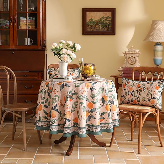 patdrea Designer Orange Tablecloth for Round Tables,Framhouse Linen Oranges and Leaves Tree Pattern Linen Tablecloth,Fall Fruit Table Cover Cloth Decor for Kitchen Dining Christmas,Diameter 55"