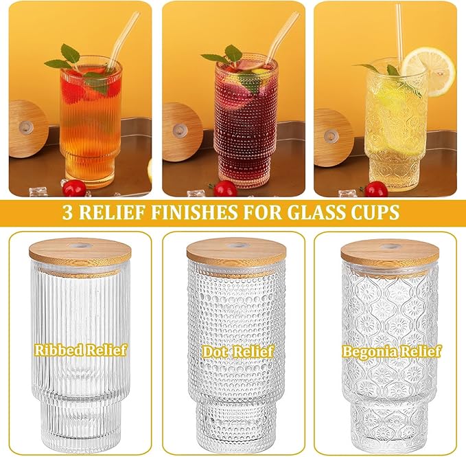 Glass Cups Set with Straw/Bamboo Lid,12 oz Stackable Serving Drinking Glasses, Ideal for Whiskey/Cocktails/Juice/Coffee/Beer, Dishwasher Safe,3 Patterns of Vintage Glassware Sets.(6 Pcs)