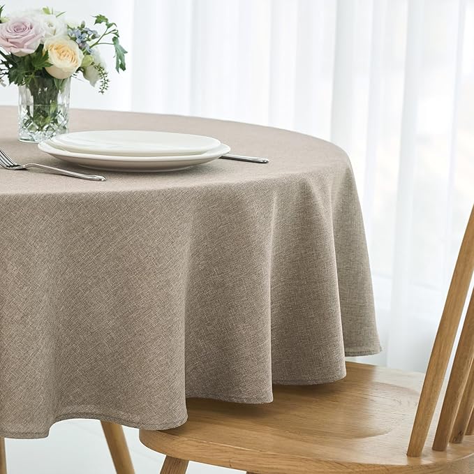 maxmill Round Linen Textured Tablecloth Spill-Proof Stainproof Wrinkle Free Washable Fabric Table Cloth for Circular Table Cover, Dining Room Buffet Banquet Parties Holiday Dinner, 70 Inch Mocha