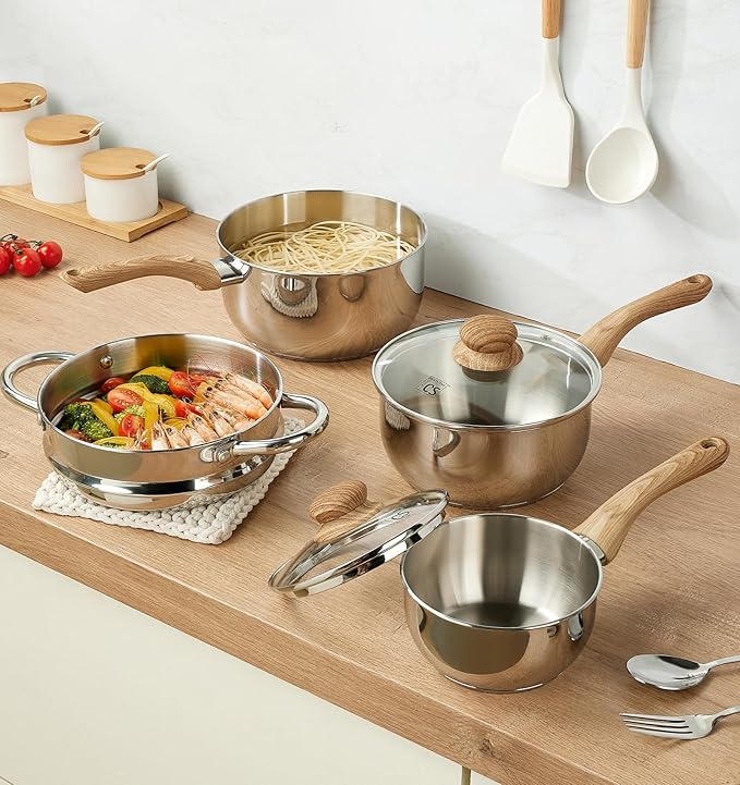 KOCH SYSTEME CS Stainless Steel Saucepan Set with Steamer, 18/10 Stainless Steel Pots 1QT& 2QT & 3QT, Sauce Pan Set with Cool-Touch Handles, Tri-Ply Steel Base, Induction Compatible Pots