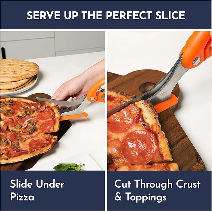 Loftern Orange Pizza Scissors - Non-Stick Pizza Scissors with Firm Grip Base - Food Grade Stainless Steel Pizza Cutter - 5-in-1 Food Slicer & Pizza Server - Durable, Safe & Mess Free