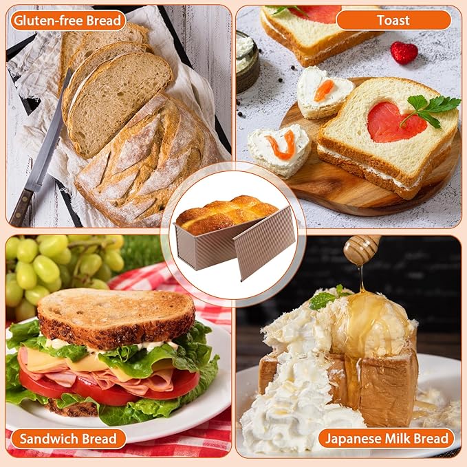 Non-Stick Pullman Loaf Pan with Lid 13x4 Inch - 2.2lb Carbon Steel Bread Baking Pan with 4 Vent Holes, Heavy Duty Sourdough Loaf Pan with Cover for Homemade Sandwich Bread (Gold)