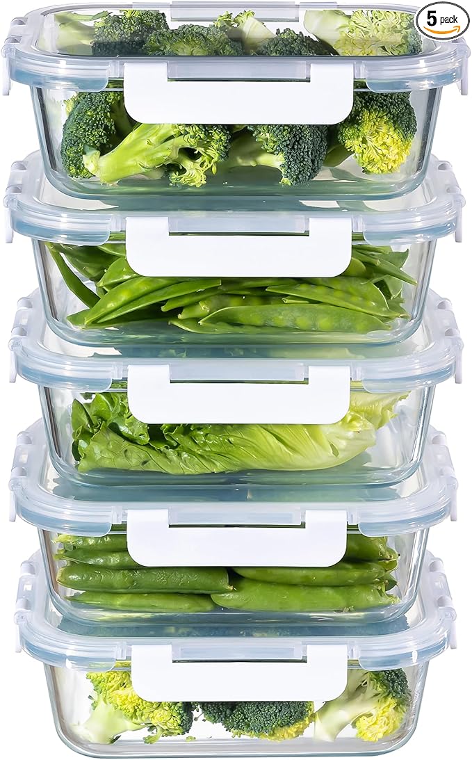 MFY 5-Pack 36 OZ Glass Storage Containers with Lids, Glass Meal Prep Containers Set, Airtight Lunch Containers with Lids, Microwave, Oven, Freezer and Dishwasher Safe, White
