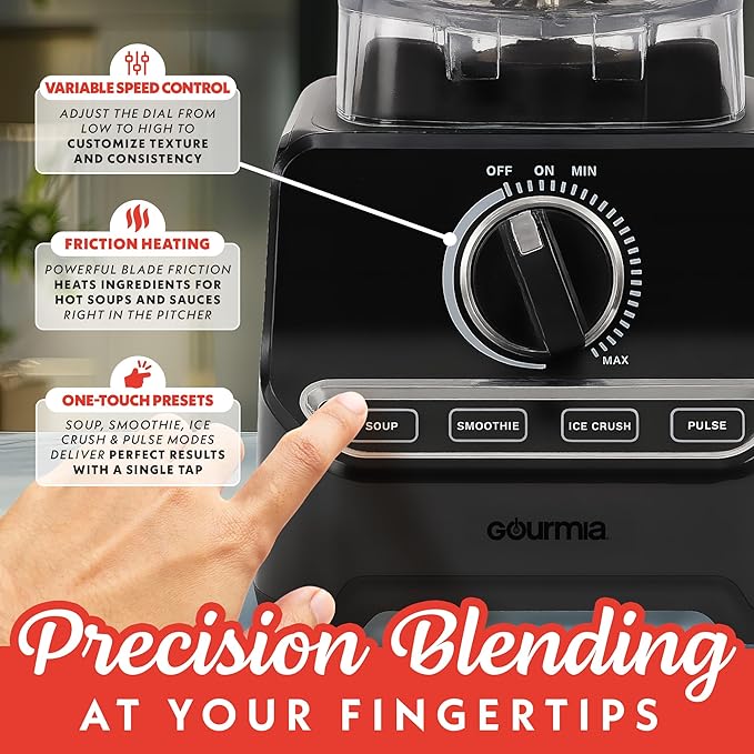 Gourmia Countertop Commercial Blender – 2L BPA-Free Pitcher, 4 Presets, 1500W High-Speed Motor, 45,000 RPM, Variable Speed Dial, Built-In Tamper, Dishwasher-Safe Parts, Black