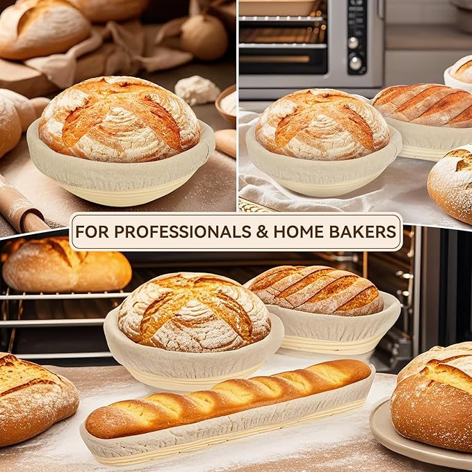Sourdough Starter Kit, Banneton Bread Proofing Basket, Sourdough Bread Baking Supplies-Sourdough Starter Jar& 9" Round & 10" Oval & 17" Baguette Sourdough Proofing Basket, Sourdough Banneton Bowls