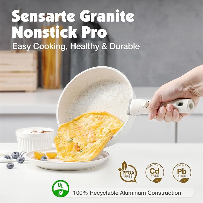 SENSARTE 13 Piece Pots and Pans Set, Nonstick Detachable Handle Cookware, Induction Kitchen Cookware Set with Removable Handle, Healthy Non Stick for RV, Dishwasher ＆ Oven Safe (White)