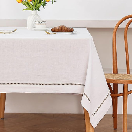 Linen World Hemstitch Linen Tablecloth,100% Natural French Flax,60x120Inch Handcrafted White-Natural Linen Table Cloth,Tabletop,Table Cloths for Kitchen,Dining,Daily Use(White-Natural)