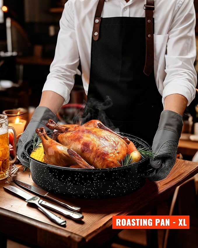 Enamel Granite Roasting Pan with Lid 18 Inch with Rack, Extra Large Deep Oven Baking Pot, NonStick Oval Carbon Steel Potato Roaster Pan for Turkey Chicken Steak NonToxic Perfect for Party Thanksgiving