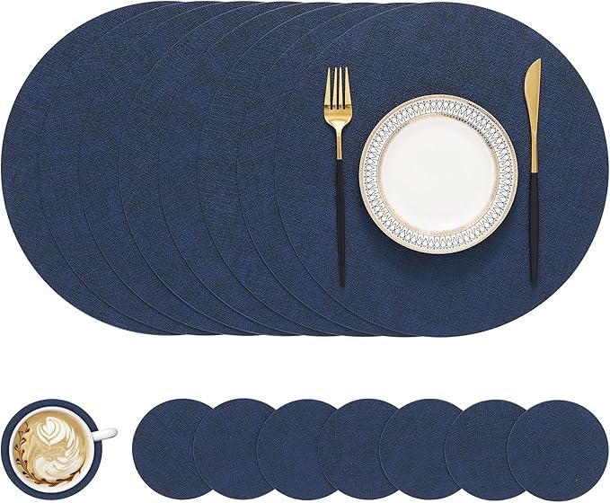homing Round Faux Leather Placemat and Coaster 8 Packs, Washable Heat Resistant Dining Place Mats, Wipeable Double-Sided Table Mats for Indoor and Outdoor, Diameter 13 and 3.93 inch, Navy