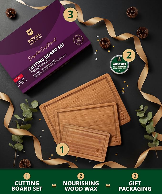 ROYAL CRAFT WOOD Bamboo Cutting Board Set – 3 Durable Wooden Cutting Boards for Kitchen Meal Prep, Charcuterie & Serving – Chopping & Butcher Block with Juice Grooves – Gift-Ready Packaging & Wood Wax