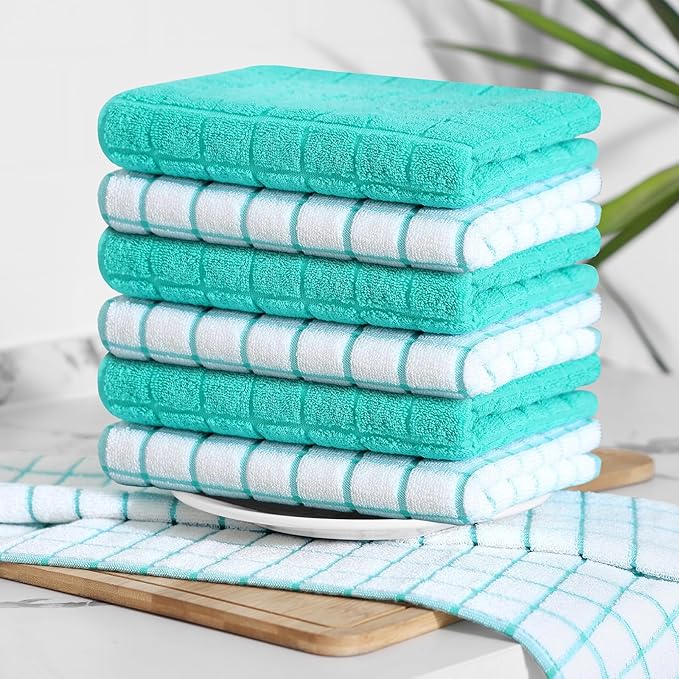 Homaxy Premium Cotton Kitchen Towels 16"x 28", Large Natural Ring Spun 390 GSM Dish Towels, Super Absorbent Terry Kitchen Hand Towels, Soft Tea Towel with Hanging Loop, Aqua Check Design, 6 Pack