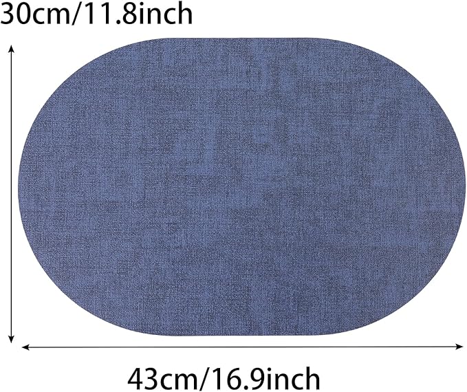 Reversible Placemats Set of 6 Oval,Navy Blue Faux Leather Placemat Waterproof Non Slip,Heat Resistant Wipeable Table Placemats for Dining Table,Modern Table Protectors