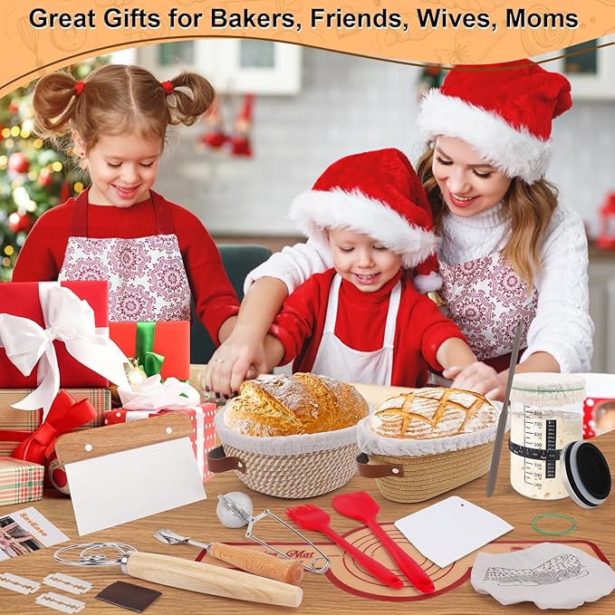 Sourdough Bread Baking Supplies, Complete Sourdough Starter Kit, 9" Round & 10" Oval Bread Proofing Basket with Sour dough Starter Jar, Bread Making Tools Gifts for Bakers Women Wife Mom