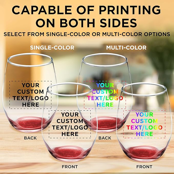 Custom Stemless Wine Glass 9 oz. Set of 100, Personalized Bulk Pack - Great for Wedding Favors, Bachelorette Party Decorations, Party Favors, Color Bottom - Red
