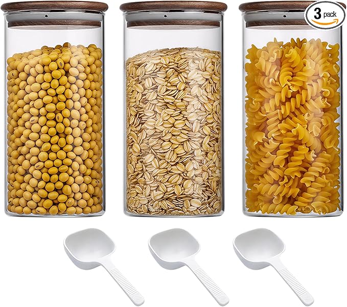 29oz Glass Storage Jars with Airtight Walnut Lid, Clear Glass Containers for Tea, Sugar, Candy, Cookie, Coffee Bean