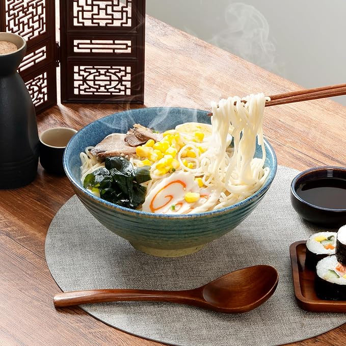 NUTRIUPS 8 Inch Ceramic Ramen Bowl Set of 2 Pho Bowls 40oz Japanese Noodle Udon Soup Bowls with Spoons and Chopsticks (Ice Crack Blue)