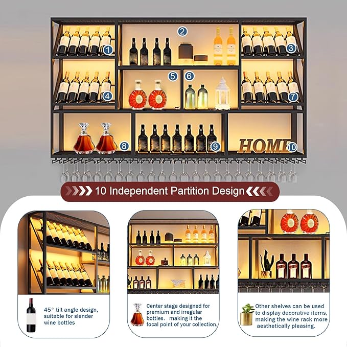 78.7Inch Wall Mounted Wine Rack, 3 Tiers Large Bar Shelves with 21 Glass Holder, Metal Wine Bottle Display Shelf, Modern Iron Liquor Shelf, for Kitchen Dining, Home Bar, Cellar (78.7" W)