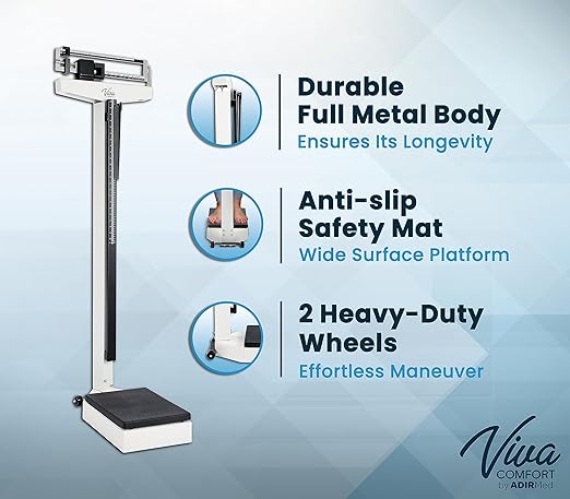 AdirMed Mechanical Physician Scale with Height Rod - Manual Measuring Scale - Eye-Level Display Dual Reading Die-Cast Beam with Two Sliding Weights & Retractable Height Rod