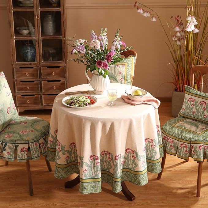 patdrea Designer Green Tablecloth for Round Tables,Vintage Linen with Leaves and Flowers Pattern Tablecloths,Farmhouse Floral Table Cover Cloth Decor for Kitchen Dining Christmas,Diameter 67"