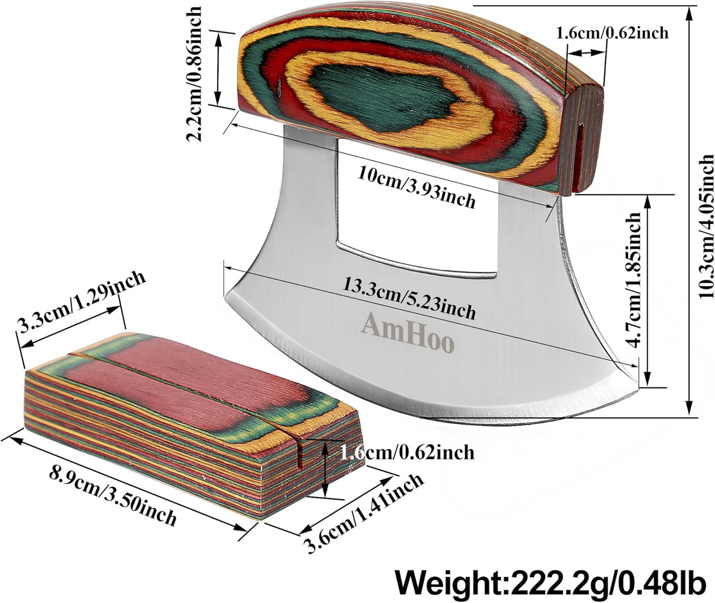 Amhoo Pizza Cutter Chef Mezzaluna Ulu Knife Handle Color Wood Grip Sharp Rocker Slicer Stainless Steel Blade Salad Onion Vegetable Chopper with Holder Base Christmas Gifts