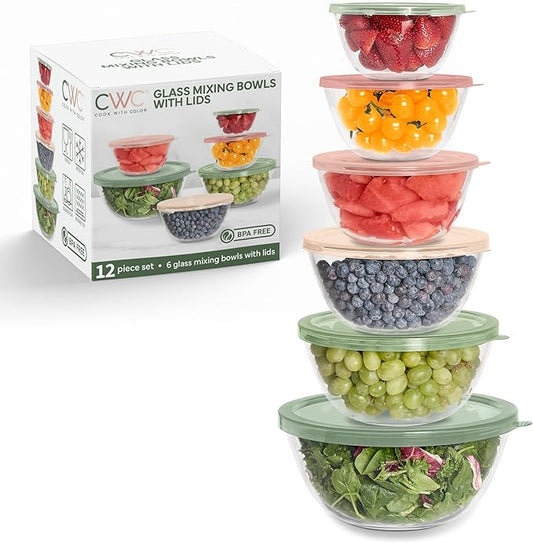 COOK WITH COLOR 12 Pc Glass Mixing Bowl Set with Lids – Borosilicate Glass Nesting Bowls for Cooking, Baking and Meal Prep, Multicolor