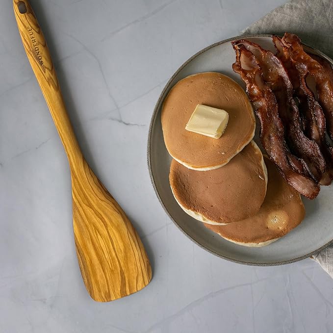 WONDERFUL 13.5 Inch Long Olive Wood Spatula/Turner for Cooking, Flat Frying Spatula Handmade for Kitchen Cookware, Non-Stick