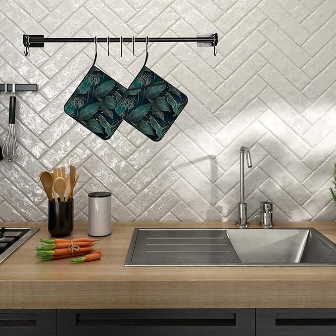 Golden Palm Leaf Pot Holders Set of 2 - Heat Resistant Oven Hot Pads for Cooking, Baking, BBQ - Gifts for Women