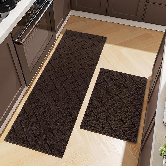 hicorfe Kitchen Rugs and Mats Sets,2 Pieces Super Absorbent Polypropylene Non-Slip Rug,Soft Comfort Floor Mat,Washable for Kitchen,Hallway,Office,Sink,Laundry(24" x 35"+24" x 71",Coffee)