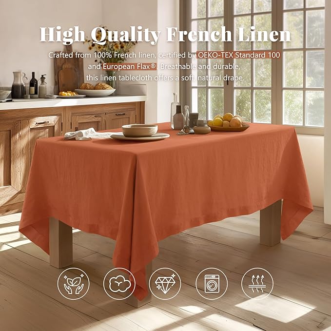 Linen World Fall Linen Tablecloth 120" x 60" Inch,French Linen Washable Rectangular Table Cloth for Dining,Outdoor, Weddings and Restaurants,Decorative Thanksgiving Christmas,Burnt Orange
