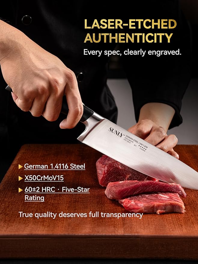 SUNLY 8 Inch Chef Knife, Professional Kitchen Knife Made of German High Carbon Stainless Steel, 58±2 HRC, Ultra Sharp Cooking Knife with Ergonomic ABS Handle, DIN 1.4116 for Home & Restaurant