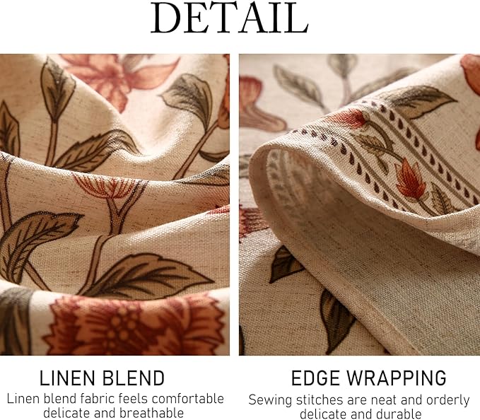 Floral Tablecloth for Round Tables,Linen Table Cloth with Orange Flowers and Green Leaves Pattern,Heavy Durable Table Cover for Dining Kitchen Decor Party Christmas,Diameter 55"