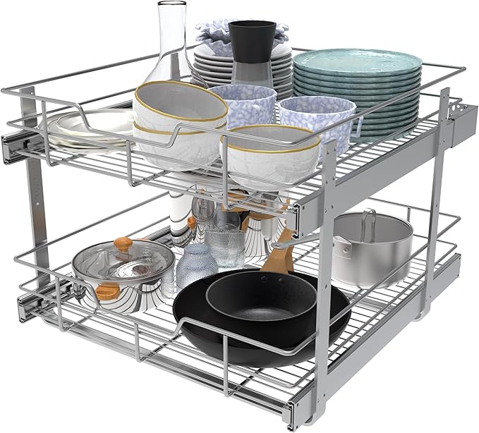 2 Tier Pull Out Cabinet Organizer 20" W X 22" D, Slide Out Drawers For Kitchen Cabinets, Pull Out Drawers For Cabinets Capacity Heavy Duty Caddy, Cabinet Pullout Shelves Chrome-Plated,Bathroom Pantry