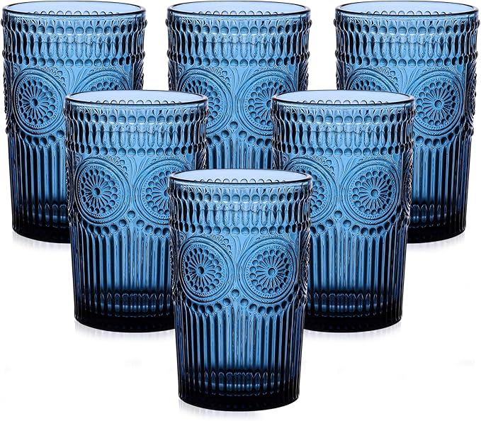 Vintage Glassware Drinking Glasses Set of 6,13 oz Blue Textured Flower Design Glass Water Tumblers，Embossed Striped Drinkware for Water,Cocktails,Juice,Iced Coffee